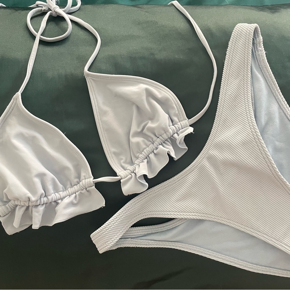 A&F Bathing Suit - Bikini - Light Blue with Ruffle Top and Ribbed Bottoms Size S